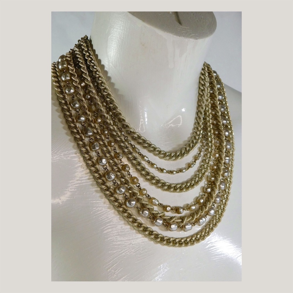 Vintage 70s Seven Chain and Faux Pearl Choker Necklace